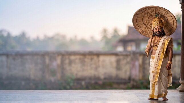 Full body portrait of a man dressed as King Mahabali holding a traditional palm-leaf umbrella, standing in a traditional Kerala courtyard during the Onam festival.
