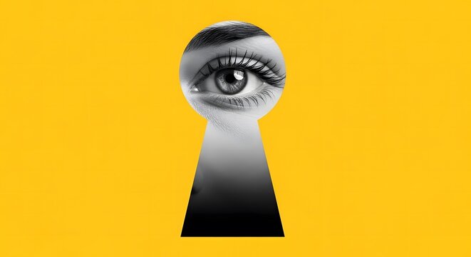 A woman's eye through a keyhole on yellow background