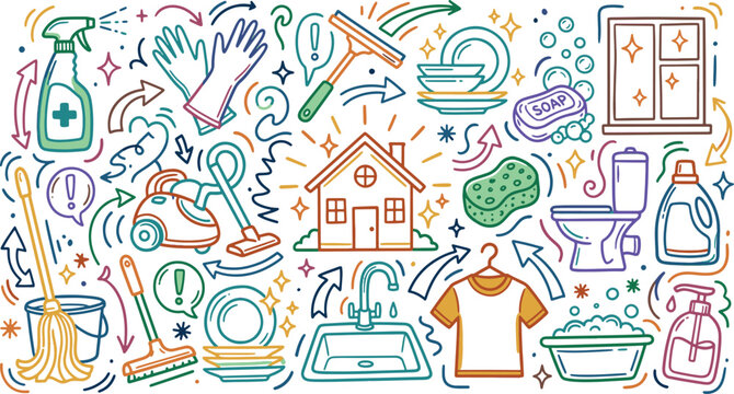 Hand-drawn house cleaning tools and equipment doodle set with mop broom vacuum supplies cleaning equipment supplies household maintenance illustration squeegee background