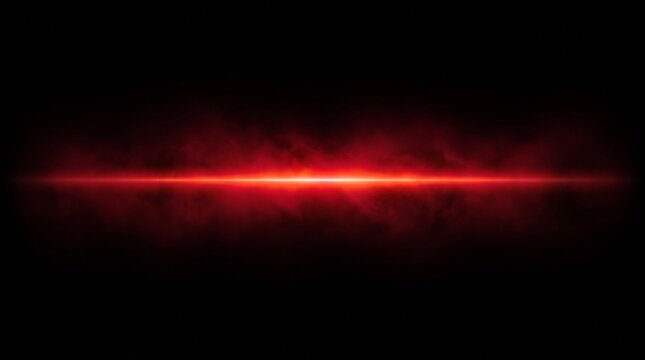 Minimalist layout of a sharp crimson light beam fading horizontally with soft red smoke over a black background