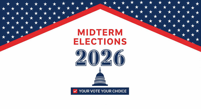 Red, white, and blue patriotic background with stars, text 'MIDTERM ELECTIONS 2026', and capitol building, concept for political campaigns, voting awareness and government information