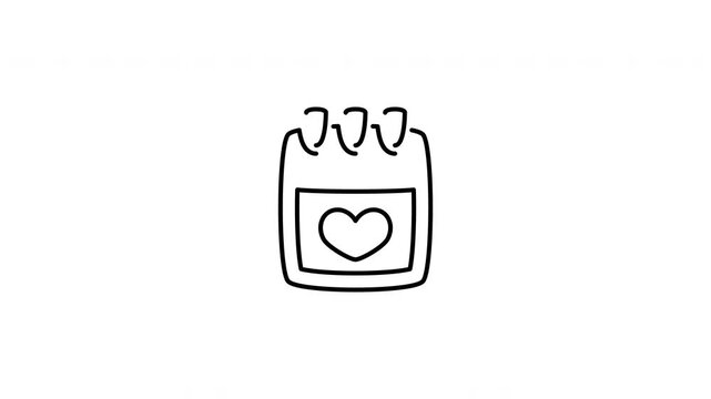 Minimalist outline animation of a calendar page with a heart symbol drawing on and fading out. Features a clean pop up style in 3 color setups.