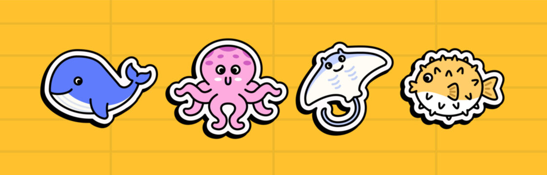 Cute ocean animal sticker set featuring a whale, octopus, stingray, and pufferfish for kids, marine themes, stickers, educational materials or icon , sign in cartoon illustration vector style