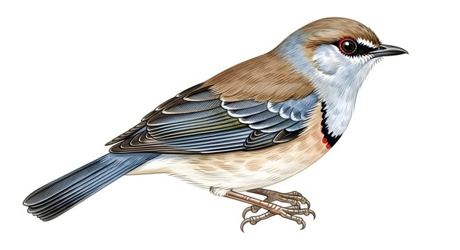 Detailed illustration of a small bird with brown blue and white feathers