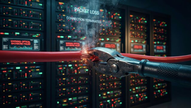 Cybersecurity threat concept with a cable being cut in a server room