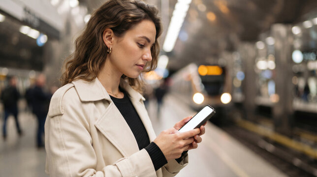 Young woman looking at her smartphone while waiting for a train at a subway station