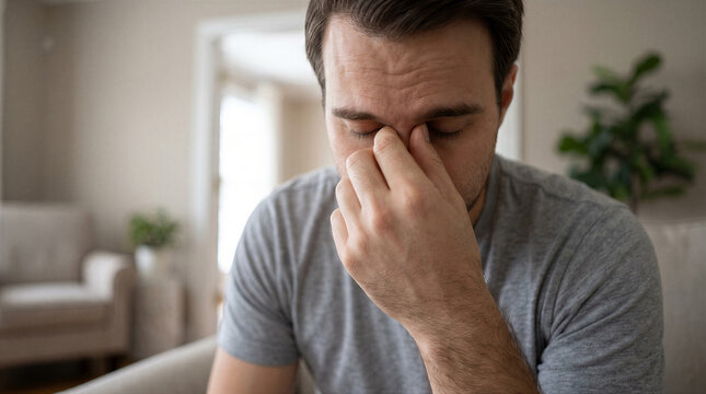 Stressed young man rubbing the bridge of his nose to relieve a headache or eye strain while sitting at home