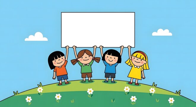 Four children holding blank banner on grassy hill cartoon illustration