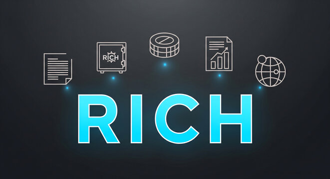 Bright blue 'RICH' text with financial icons above, suitable for business finance, investment planning and wealth management