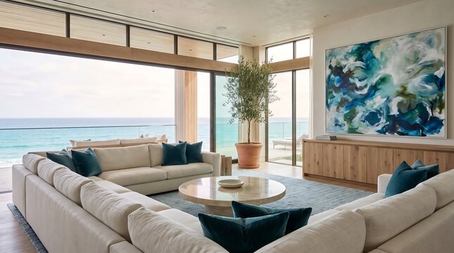 Luxury oceanfront living room with panoramic sea view and contemporary abstract art interior contemporary furniture