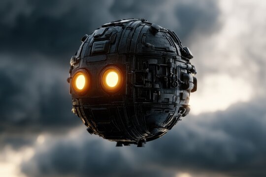 Orbital droid floats in cloudy sky. Advanced science concept.