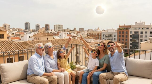 Family wearing protective glasses watching solar eclipse on terrace.
