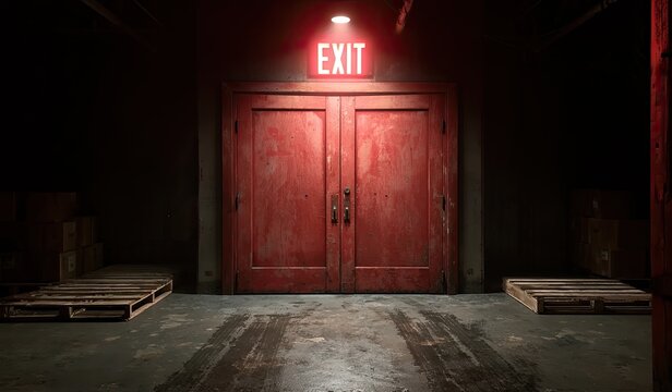 Dark warehouse with glowing red exit doors