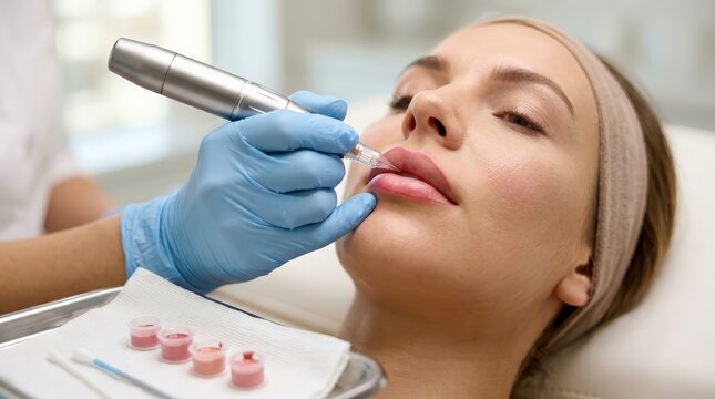 A professional lip blush semi-permanent makeup procedure being performed with a rotary PMU pen.