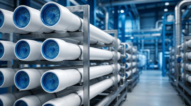 Desalination plant membrane filtration module processing seawater into drinking water.