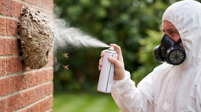 Professional pest control technician spraying insecticide at a wasp nest on a brick wall.