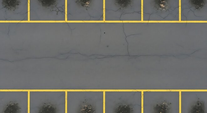 Down view of empty parking spaces with yellow painted lines on cracked gray asphalt surface