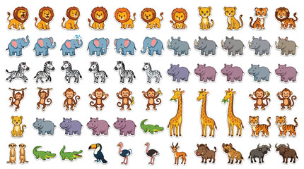Obraz premium Cute safari animals collection, 60 cartoon zoo animal icons set, flat vector illustrations of wild jungle wildlife for kids education and nursery decor
