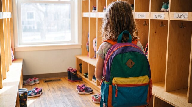 A young girl with a colorful backpack stands in a school locker room, getting ready for the day at her cubby in a bright classroom setting.