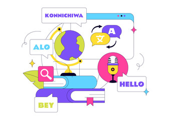 International Translation Day Illustration Featuring Multilingual Communication, Language Translation Service, Interpreter, and Cultural Exchange © denayune