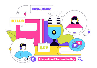 International Translation Day Illustration Featuring Multilingual Communication, Language Translation Service, Interpreter, and Cultural Exchange © denayune