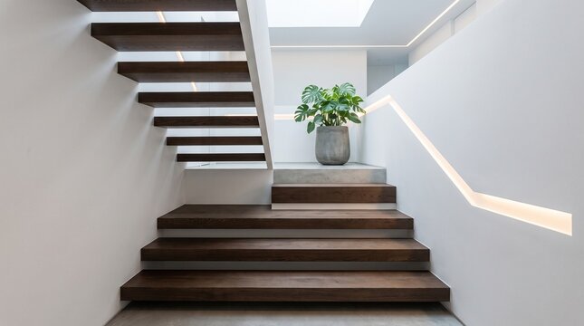 Modern White Staircase with Wooden Steps and Indoor Plant Interior