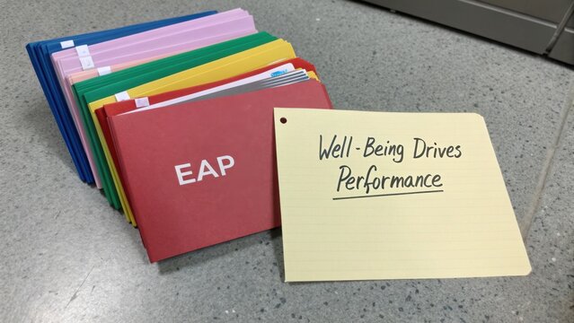 Colorful file folders with "EAP" label and handwritten note emphasizing the connection between well-being and performance in workplace