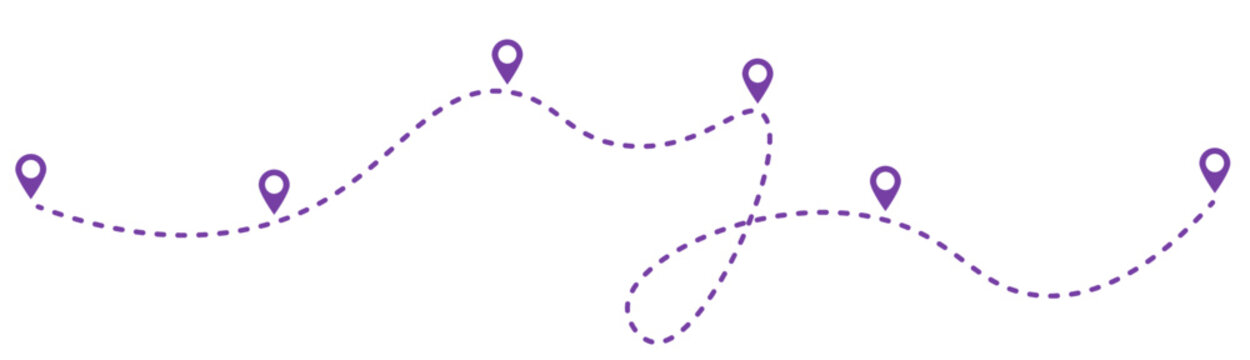 Purple dotted line map with location pins on a white background illustrating a journey or travel route with multiple stops and turns