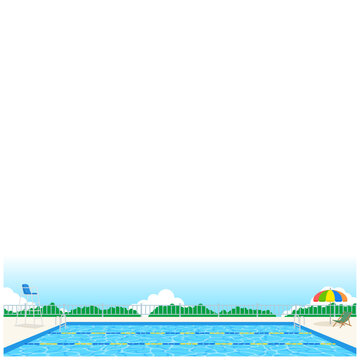夏の屋外プール背景イラスト　青空とプールサイドの正方形ベクター
