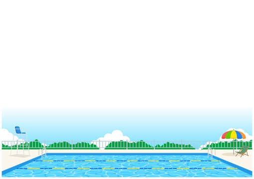 夏の屋外プール背景イラスト　A4レイアウト対応の横長ベクター