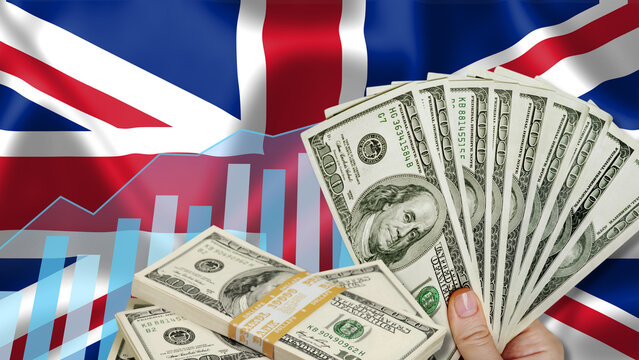 The financial relationship between the US dollar, the role of foreign currency, and the United Kingdom's development. The image includes a hand holding a dollar bill, the British flag, a growth chart