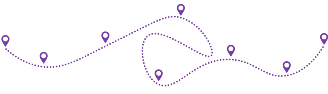 Purple dotted lines with location markers on a white background forming a winding path with multiple pin points indicating a journey or route