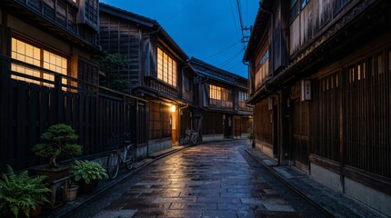 Fototapeta premium Candid Blue Hour Alley Illuminated by Everyday Homes AI generated