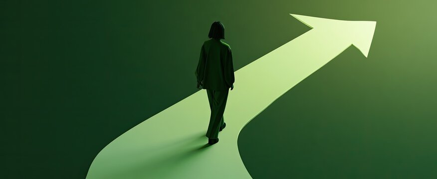 Silhouette walks up a bright arrow on a dark green background