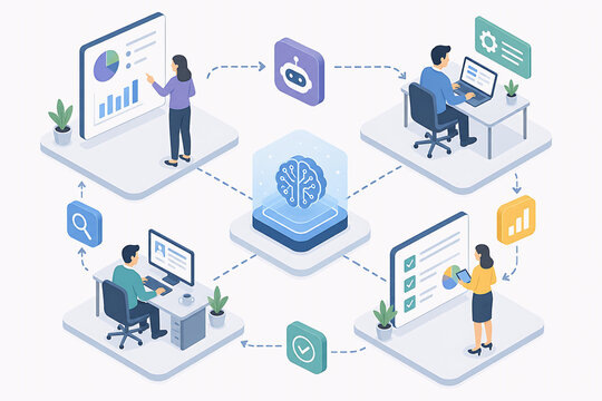 AIによる業務自動化とビジネスワークフローの概念図｜AI,人工知能,業務効率化,ワークフロー,DX,ビジネス,自動化,データ分析