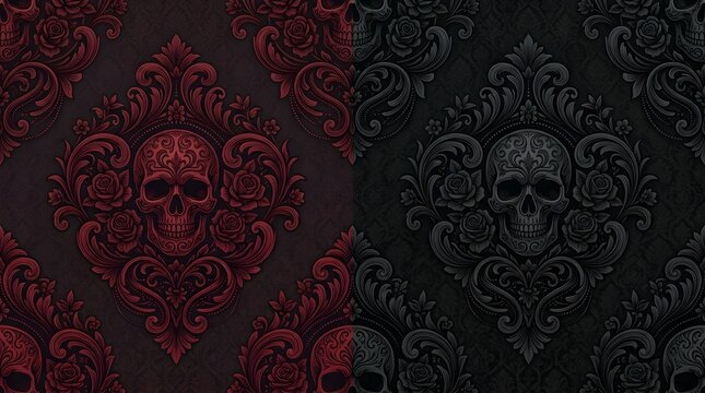 Seamless pattern with gothic damask style skulls and roses