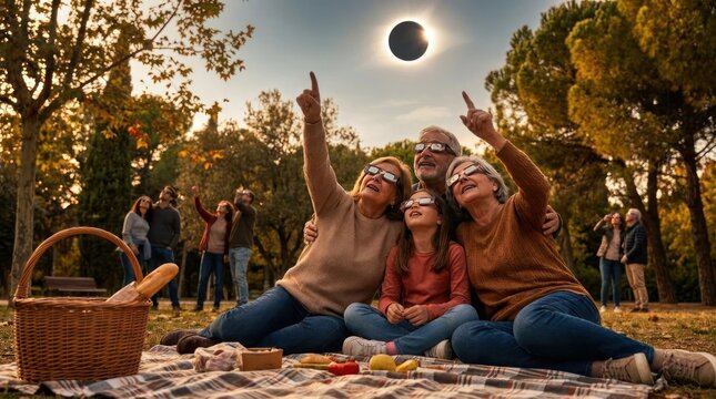 Multi-generation family watching solar eclipse during picnic.