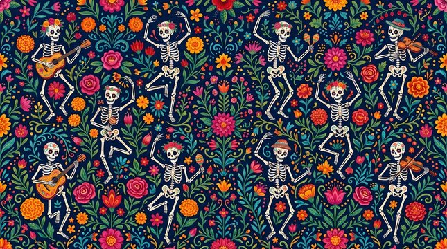 Seamless pattern with dancing skeletons and flowers for dia de los muertos