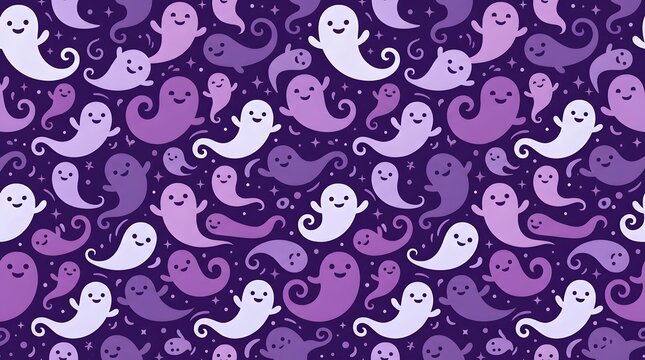 Seamless pattern with cute cartoon ghosts on a dark purple background