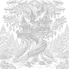 Obraz premium Enchanted Tree Village Coloring Page – Magical Woodland Line Art