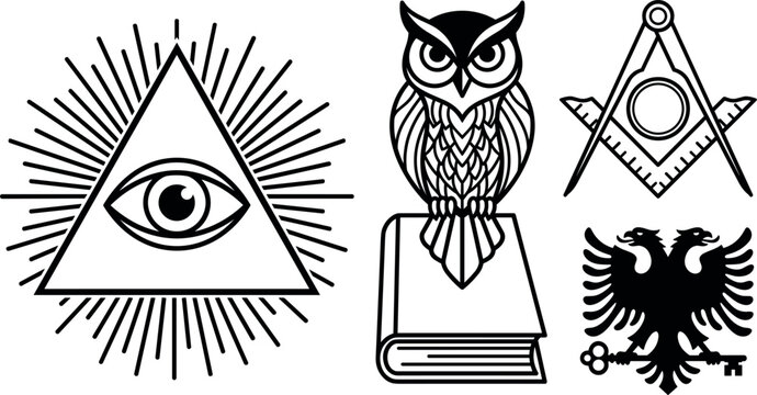 Secret Society and Masonic Symbol Vector Set with Eye of Providence Eye Freemason Square Compass Wise Owl on Book and Double Headed Eagle