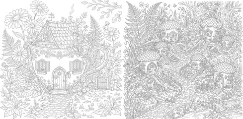 Fototapeta premium Enchanted Forest Mushroom Coloring Page – Intricate Nature Line Art