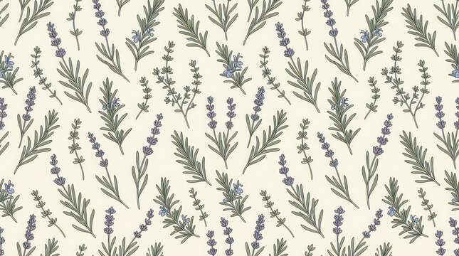 Seamless Botanical Herb Pattern with Lavender Rosemary and Thyme Sprigs