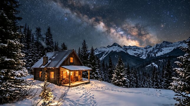 Cozy Cabin Under Milky Way in Snowy Mountain Landscape.