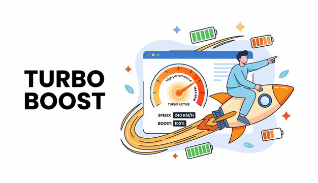 A man on a rocket for fast speed of data and boost for a web site work
