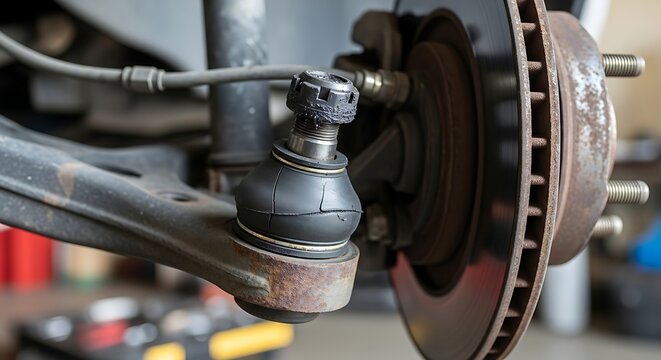 Close up of a car ball joint and brake rotor assembly.