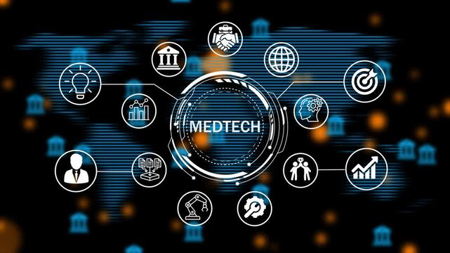 Animated medtech concept with global financial and business growth elements, Internet infrastructure concept. Abstract technology data connection symbols .4k animation video 