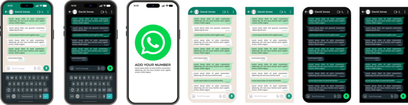WhatsApp mobile messaging app interface, conversational chat design templates, realistic smartphone screen mockups with WhatsApp logos