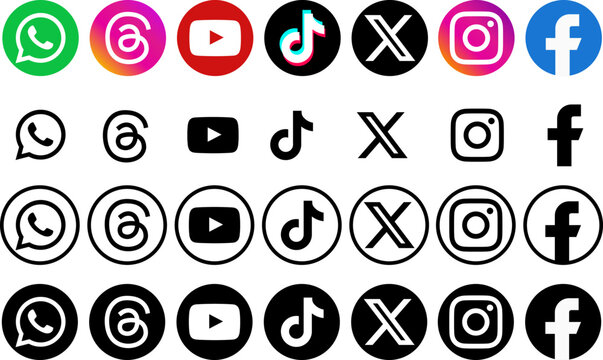 A wide collection of social media and communication icons, rendered in multiple styles including circular and monochrome