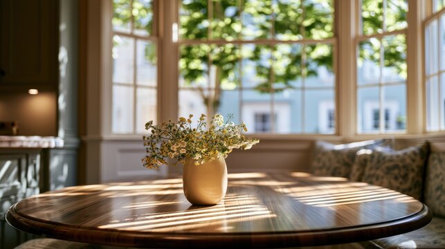 Cozy breakfast nook with sunlit table and floral centerpiece